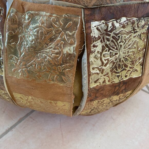 Round Leather Pouf Ottoman with Egyptian Accents - Picture 7 of 8